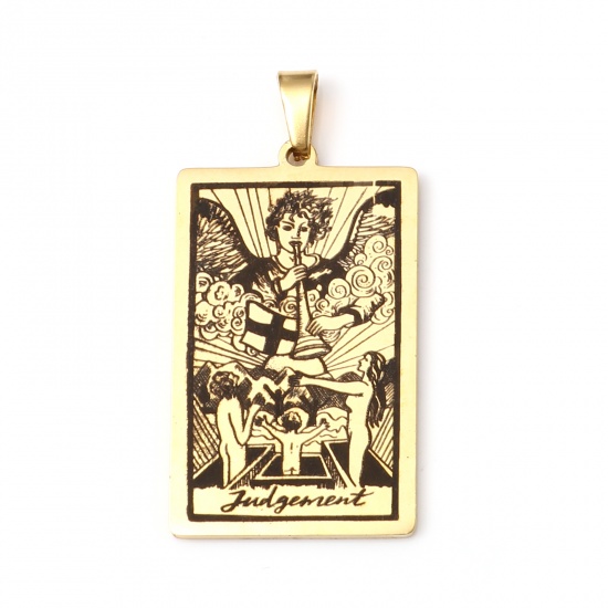 Picture of 201 Stainless Steel Tarot Pendants Gold Plated Rectangle Message " JUDGEMENT " 46mm x 24mm, 1 Piece