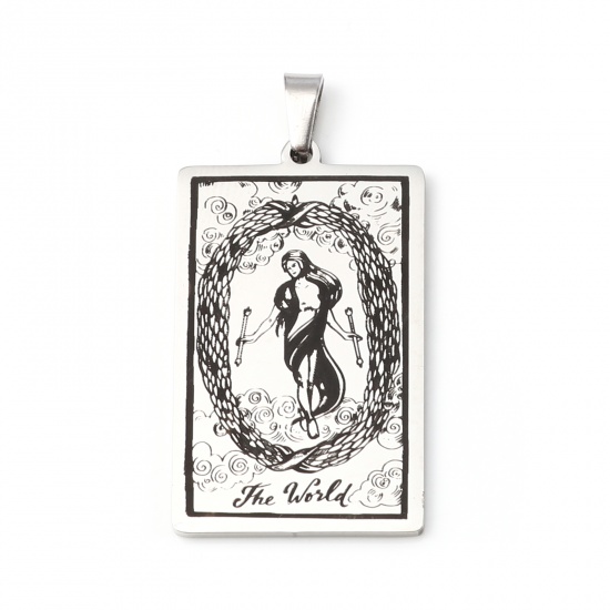 Picture of 201 Stainless Steel Tarot Pendants Silver Tone Rectangle Message " THE WORLD " 46mm x 24mm, 1 Piece