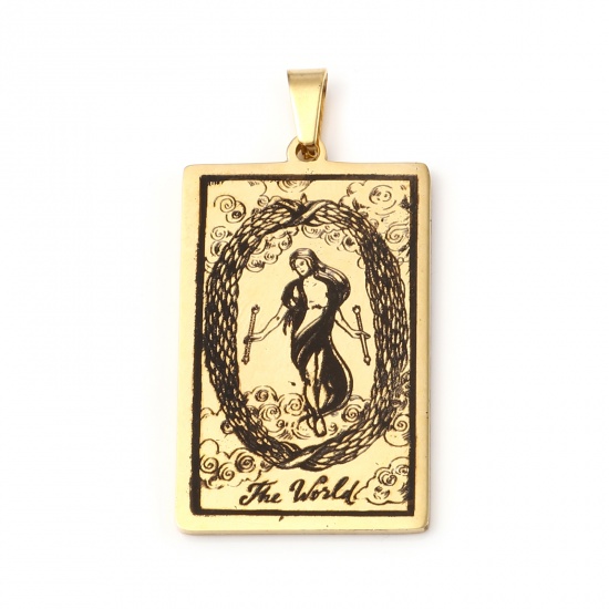 Picture of 201 Stainless Steel Tarot Pendants Gold Plated Rectangle Message " THE WORLD " 46mm x 24mm, 1 Piece