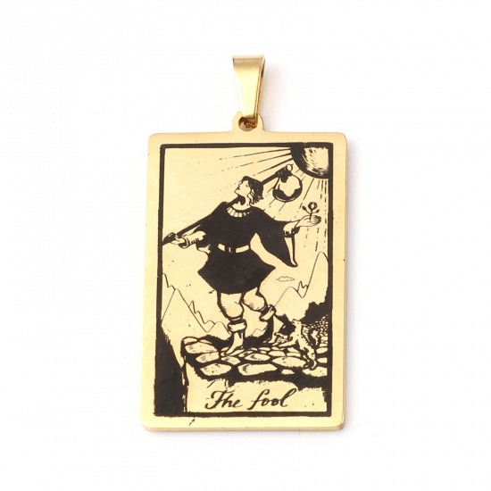 Picture of 201 Stainless Steel Tarot Pendants Gold Plated Rectangle Message " THE FOOL " 46mm x 24mm, 1 Piece