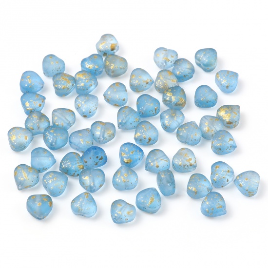 Picture of Glass Beads Heart Blue & Golden Frosted About 6mm x 6mm, Hole: Approx 0.8mm, 50 PCs