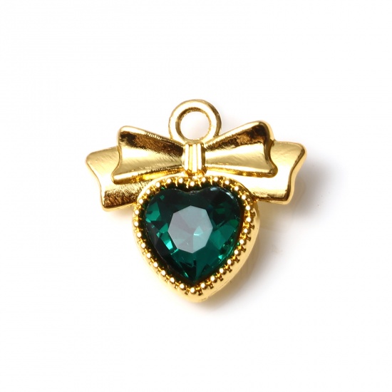 Immagine di Lega di Zinco + Vetro San Valentino Charms Cuore Oro Placcato Smeraldo 19mm x 17mm , 2 Pz