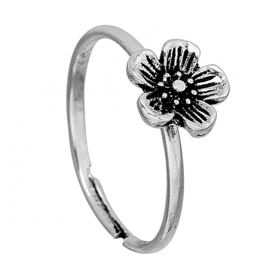 Picture of Adjustable Rings Plum Blossom Flower Antique Silver Color 17.1mm( 5/8") US 6.75, 1 Piece