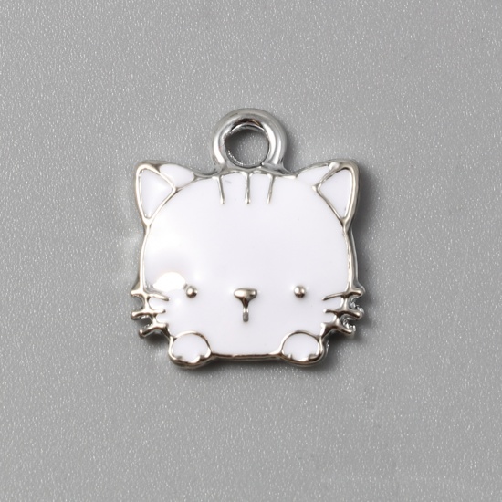 Bild von Zinklegierung Charms Katze Silberfarbe Weiß Emaille 15mm x 13mm, 10 Stück