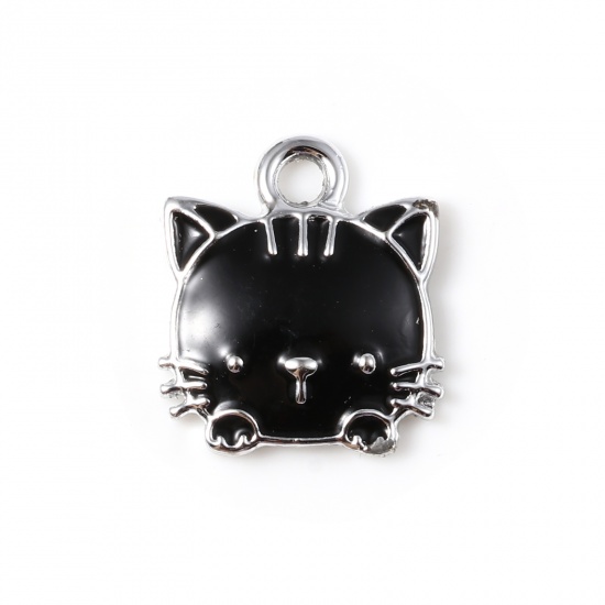 Bild von Zinklegierung Charms Katze Silberfarbe Schwarz Emaille 15mm x 13mm, 10 Stück