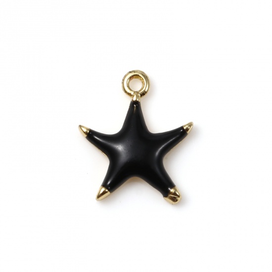 Picture of Brass Ocean Jewelry Charms Gold Plated Black Star Fish Enamel 10mm x 9mm, 2 PCs                                                                                                                                                                               