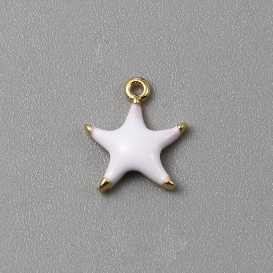 Picture of Brass Ocean Jewelry Charms Gold Plated White Star Fish Enamel 10mm x 9mm, 2 PCs                                                                                                                                                                               