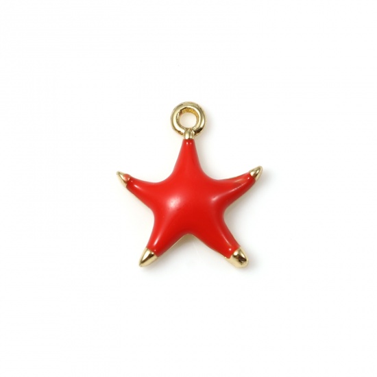 Picture of Brass Ocean Jewelry Charms Gold Plated Red Star Fish Enamel 10mm x 9mm, 2 PCs                                                                                                                                                                                 