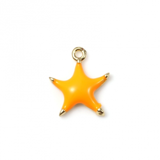 Picture of Brass Ocean Jewelry Charms Gold Plated Orange Star Fish Enamel 10mm x 9mm, 2 PCs                                                                                                                                                                              