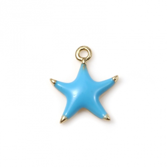 Picture of Brass Ocean Jewelry Charms Gold Plated Blue Star Fish Enamel 10mm x 9mm, 2 PCs                                                                                                                                                                                