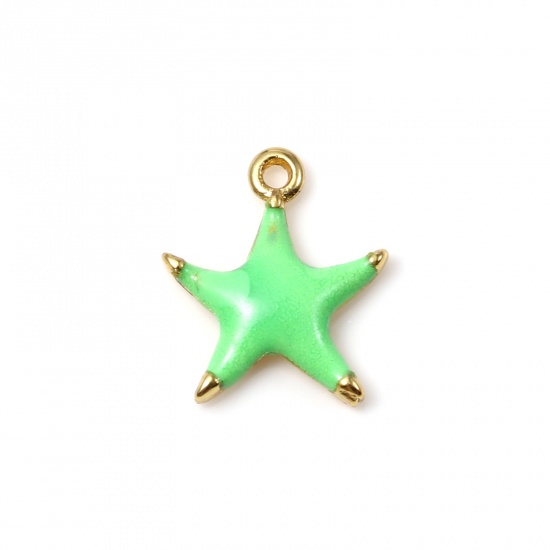 Picture of Brass Ocean Jewelry Charms Gold Plated Neon Green Star Fish Enamel 10mm x 9mm, 2 PCs                                                                                                                                                                          