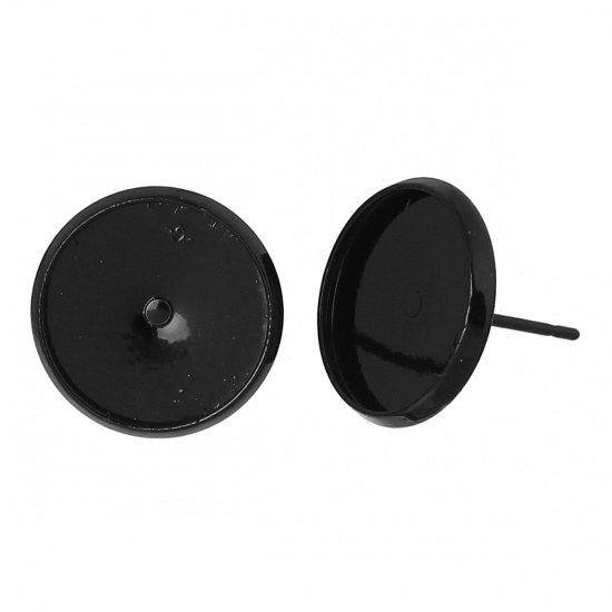 Picture of Brass Ear Post Stud Earrings Cabochon Settings Round Black Painting (Fits 12mm Dia) 14mm( 4/8") x 14mm( 4/8"), Post/ Wire Size: (21 gauge), 30 PCs                                                                                                            