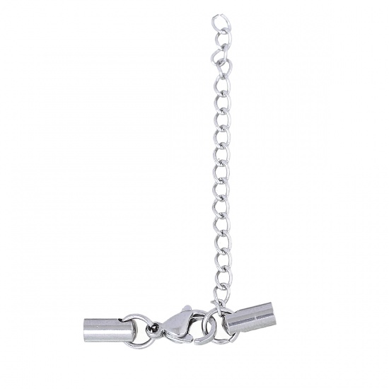 Picture of Stainless Steel Necklace Cord End Caps Cylinder Silver Tone With Lobster Claw Clasp And Extender Chain (Fits 3mm Dia. Cord) 20mm x 7mm( 6/8" x 2/8") 11mm x 6mm( 3/8" x 2/8"), 3 Sets