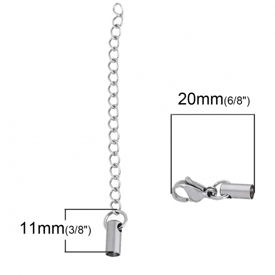 Picture of Stainless Steel Necklace Cord End Caps Cylinder Silver Tone With Lobster Claw Clasp And Extender Chain (Fits 3mm Dia. Cord) 20mm x 7mm( 6/8" x 2/8") 11mm x 6mm( 3/8" x 2/8"), 3 Sets