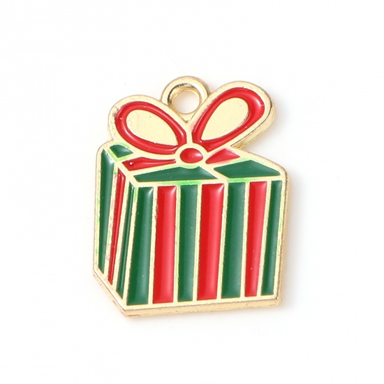 Image de Breloques en Alliage de Zinc Boîtes de cadeau Noël Doré Rouge & Vert env. Émail 19mm x 15mm, 10 Pcs