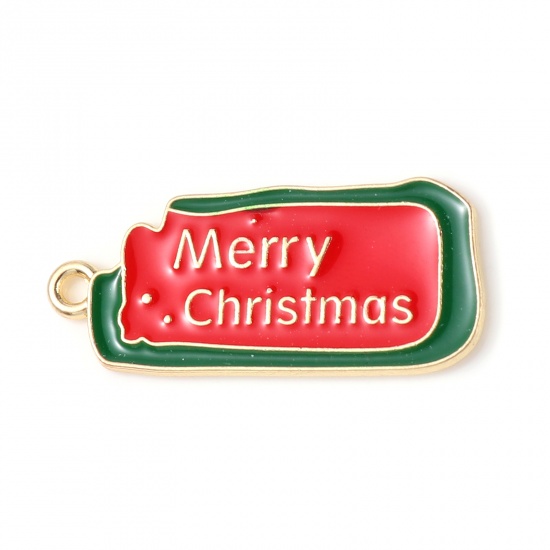 Image de Breloques en Alliage de Zinc Rectangle Doré Rouge & Vert Message" Merry Christmas " env. Émail 28mm x 13mm, 10 Pcs