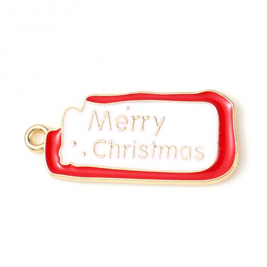 Image de Breloques en Alliage de Zinc Rectangle Doré Blanc & Rouge Message" Merry Christmas " env. Émail 28mm x 13mm, 10 Pcs