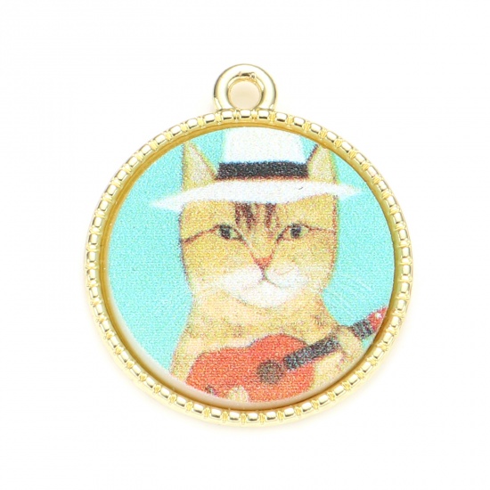 Picture of Zinc Based Alloy & Acrylic Charms Round Gold Plated Pale Yellow Cat 24mm x 21mm, 5 PCs