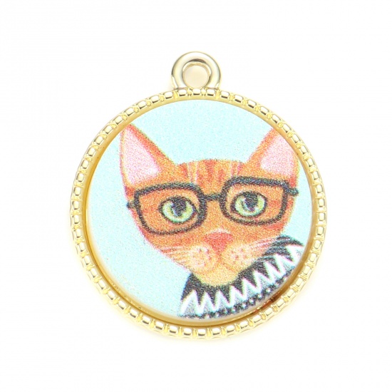 Picture of Zinc Based Alloy & Acrylic Charms Round Gold Plated Blue & Orange Cat 24mm x 21mm, 5 PCs