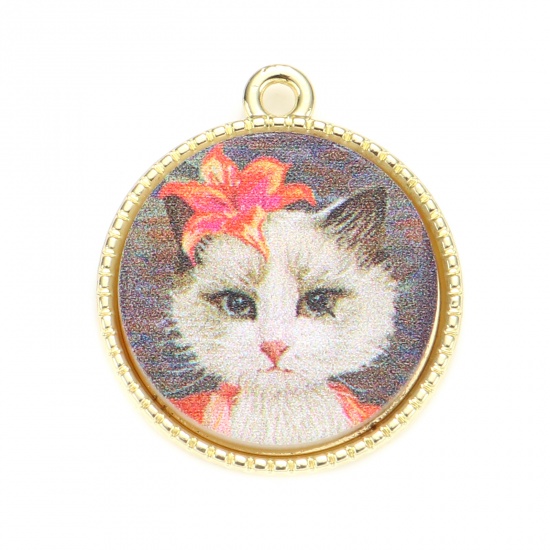 Picture of Zinc Based Alloy & Acrylic Charms Round Gold Plated White & Gray Cat 24mm x 21mm, 5 PCs