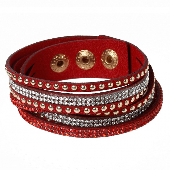 Picture of Fashion Jewelry Faux Suede Velvet Slake Bracelets Gold Plated Red Clear Rhinestone 39cm(15 3/8") long, 1 Piece