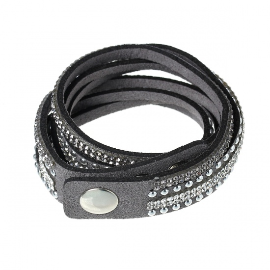 Picture of Fashion Jewelry Faux Suede Velvet Slake Bracelets Silver Tone Gray Clear Rhinestone 39cm(15 3/8") long, 1 Piece