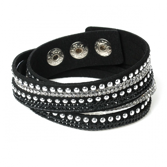 Picture of Fashion Jewelry Faux Suede Velvet Slake Bracelets Silver Tone Black Clear Rhinestone 39cm(15 3/8") long, 1 Piece
