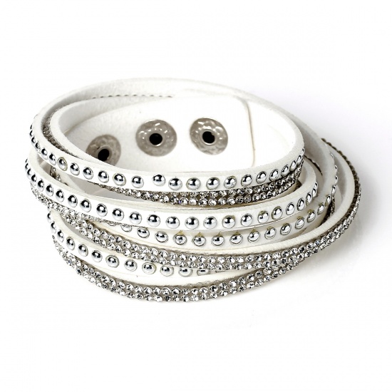 Picture of Fashion Jewelry Faux Suede Velvet Slake Bracelets Silver Tone White Clear Rhinestone 39cm(15 3/8") long, 1 Piece