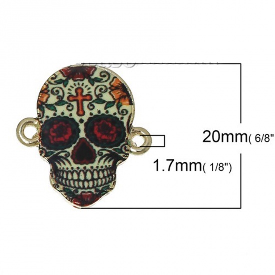 Image de Connecteur de Bijoux en Alliage de Zinc Jour des Morts Crâne Mexicain Multicolore Or Clair Croix 20mm x 18mm, 10 Pcs