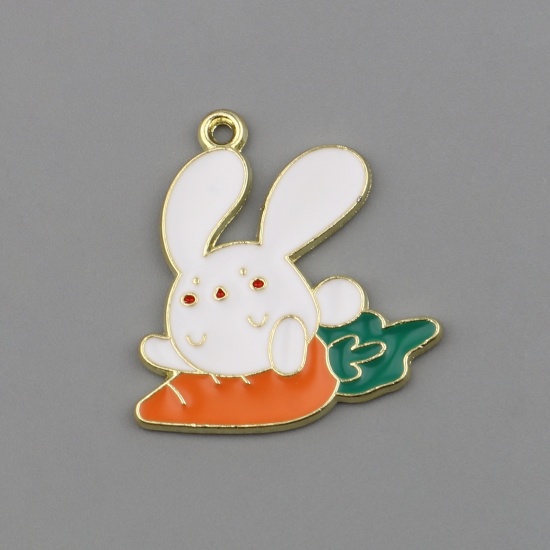 Picture of Zinc Based Alloy Charms Carrot Gold Plated White & Orange Rabbit Enamel 29mm x 27mm, 10 PCs