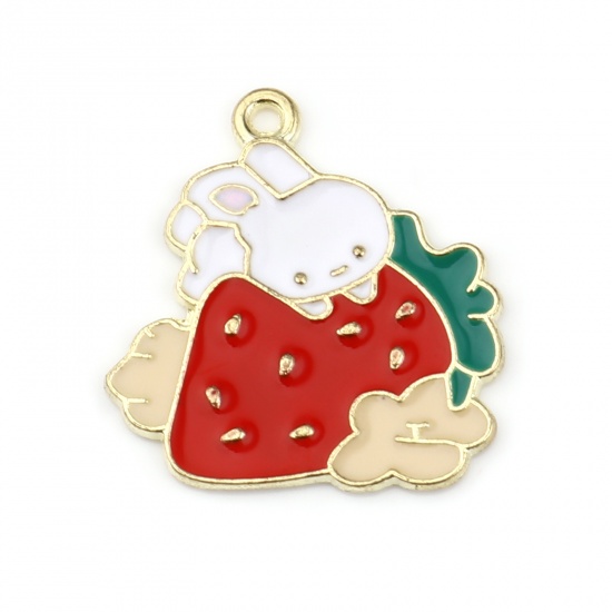 Picture of Zinc Based Alloy Charms Rabbit Animal Gold Plated White & Red Strawberry Enamel 27mm x 24mm, 10 PCs