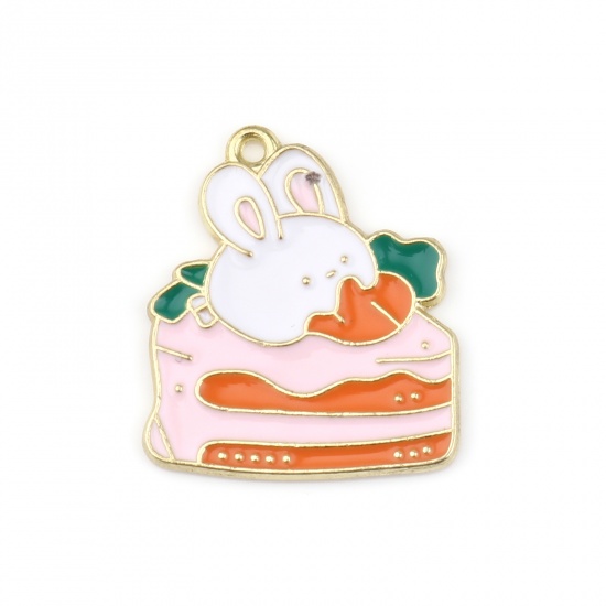 Picture of Zinc Based Alloy Charms Rabbit Animal Gold Plated White & Pink Cake Enamel 26mm x 22mm, 10 PCs