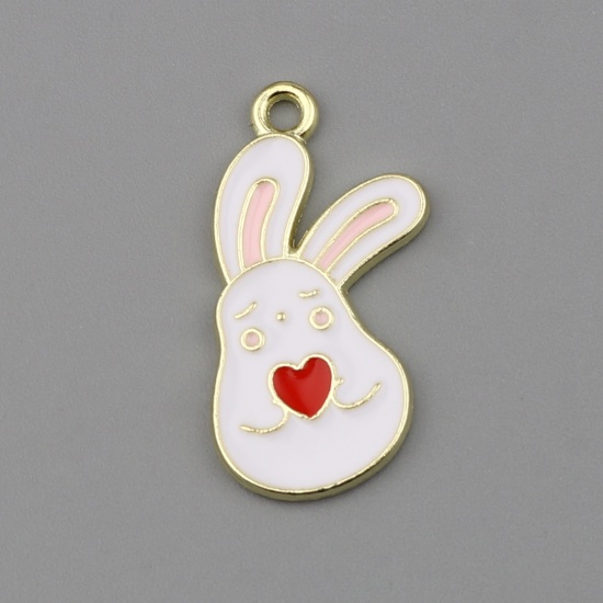 Picture of Zinc Based Alloy Charms Rabbit Animal Gold Plated White & Red Heart Enamel 25mm x 12mm, 10 PCs