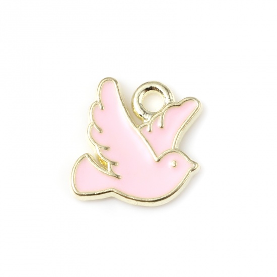 Picture of Zinc Based Alloy Religious Charms Pigeon Animal Gold Plated Pink Enamel 10mm x 10mm, 20 PCs