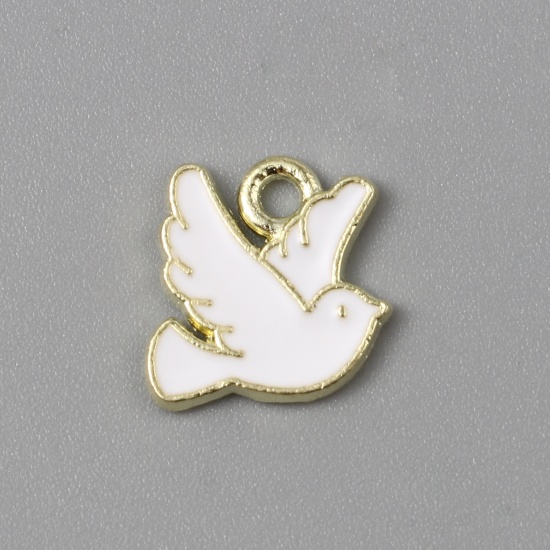 Picture of Zinc Based Alloy Religious Charms Pigeon Animal Gold Plated White Enamel 10mm x 10mm, 20 PCs