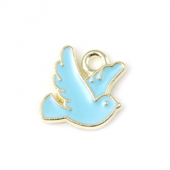 Picture of Zinc Based Alloy Religious Charms Pigeon Animal Gold Plated Blue Enamel 10mm x 10mm, 20 PCs