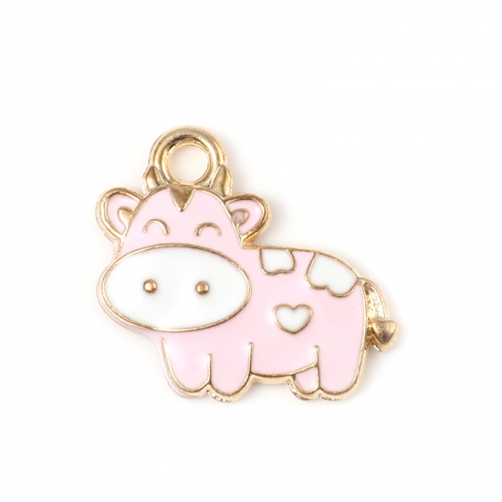 Picture of Zinc Based Alloy Charms Milk Cow Animal Gold Plated Pink Enamel 19mm x 17mm, 10 PCs
