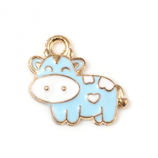 Picture of Zinc Based Alloy Charms Milk Cow Animal Gold Plated Blue Enamel 19mm x 17mm, 10 PCs