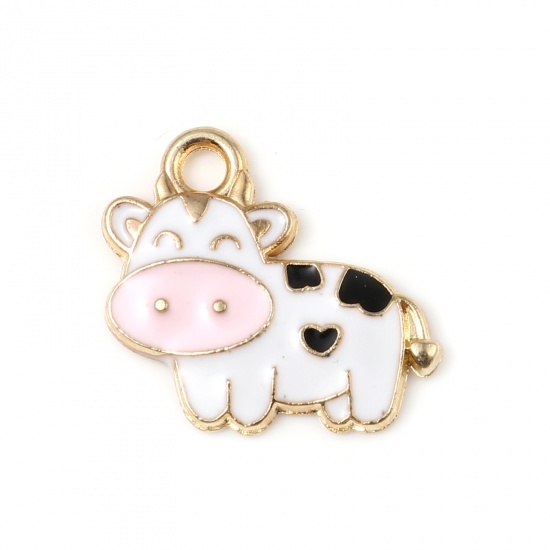 Picture of Zinc Based Alloy Charms Milk Cow Animal Gold Plated Black & White Enamel 19mm x 17mm, 10 PCs