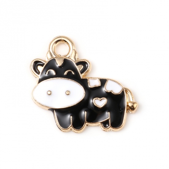 Picture of Zinc Based Alloy Charms Milk Cow Animal Gold Plated Black Enamel 19mm x 17mm, 10 PCs