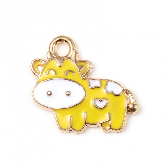Picture of Zinc Based Alloy Charms Milk Cow Animal Gold Plated Yellow Enamel 19mm x 17mm, 10 PCs