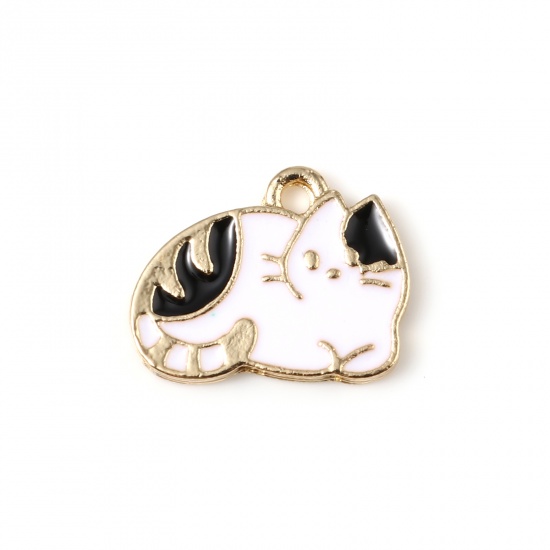 Picture of Zinc Based Alloy Charms Cat Animal Gold Plated Black & White Enamel 16mm x 12mm, 10 PCs