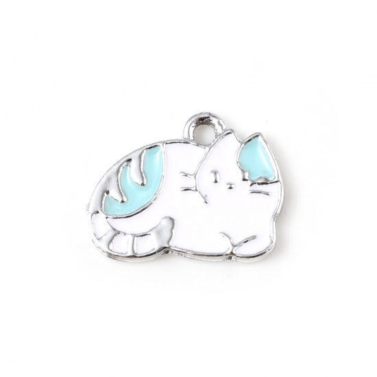 Picture of Zinc Based Alloy Charms Cat Animal Silver Tone White & Blue Enamel 16mm x 12mm, 10 PCs