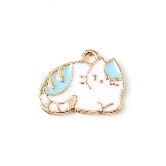 Picture of Zinc Based Alloy Charms Cat Animal Gold Plated White & Blue Enamel 16mm x 12mm, 10 PCs