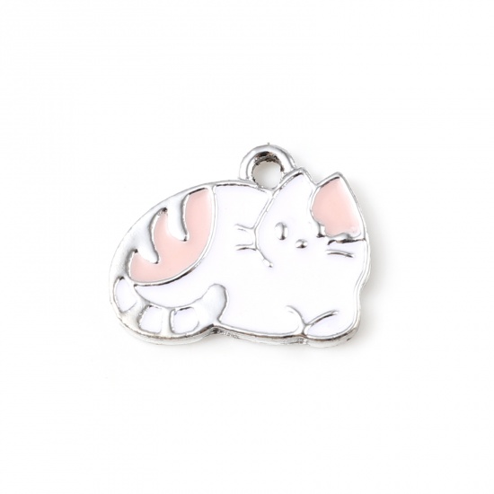 Picture of Zinc Based Alloy Charms Cat Animal Silver Tone White & Pink Enamel 16mm x 12mm, 10 PCs