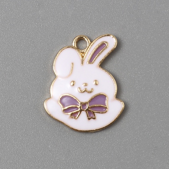 Picture of Zinc Based Alloy Charms Rabbit Animal Gold Plated White & Purple Bowknot Enamel 19mm x 15mm, 10 PCs