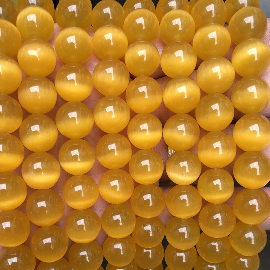 キャッツアイグラス ( 天然 ) ビーズ 円形 金黄色 約 4mm 直径、 38.5cm - 36cm 長さ、 1 連 (約 90 粒/連) の画像