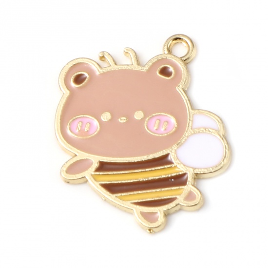 Picture of Zinc Based Alloy Insect Charms Bee Animal Gold Plated White Bear Enamel 25mm x 11mm, 10 PCs