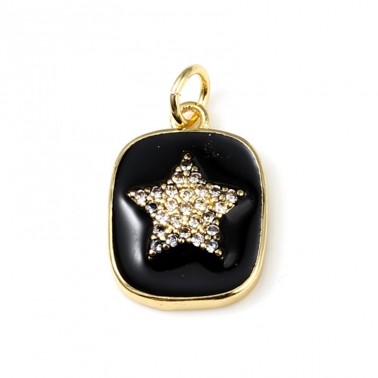 Immagine di Ottone Galassia Charms Oro Placcato Nero Rettangolo Stella Smalto Trasparente Strass 21mm x 13mm, 1 Pz