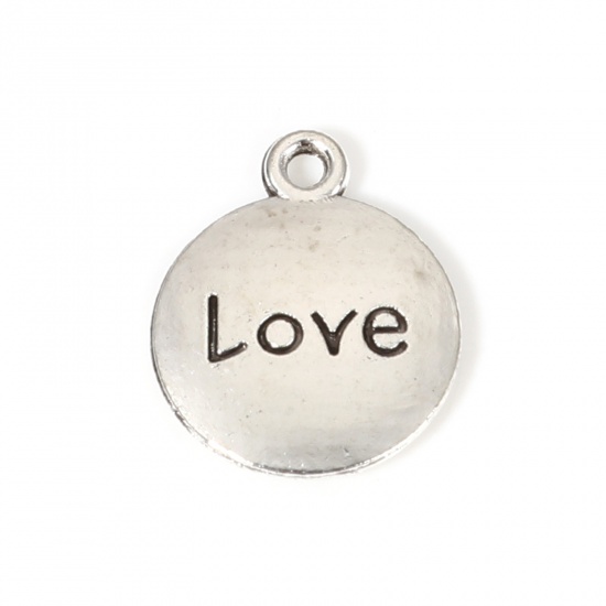 Picture of Zinc Based Alloy Positive Quotes Energy Charms Round Antique Silver Color Message " LOVE " 17mm x 14mm, 50 PCs